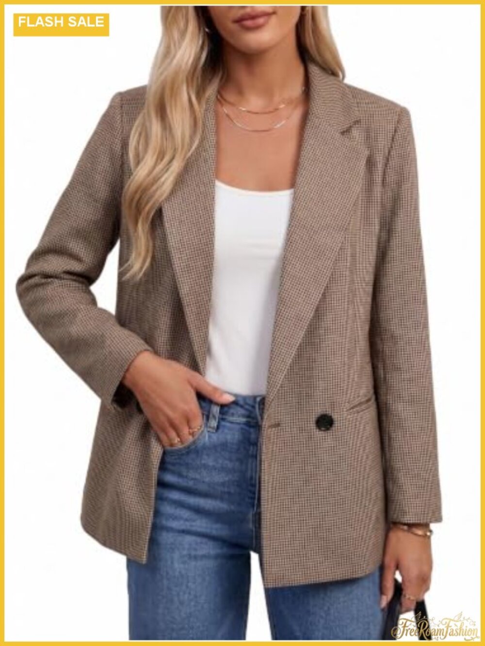 Herringbone Plaid Tweed Blazer Double Breasted Fitted Business Casual